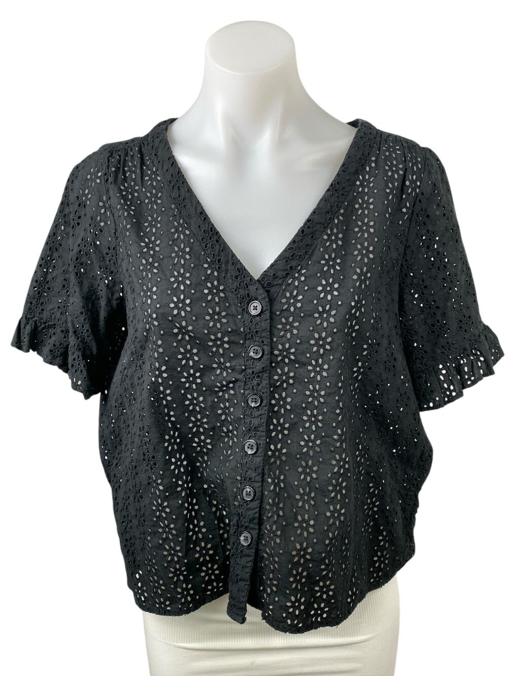 Madewell Eyelet Village Black Ruffled Short Sleeve Button Up Shirt Blouse Top S